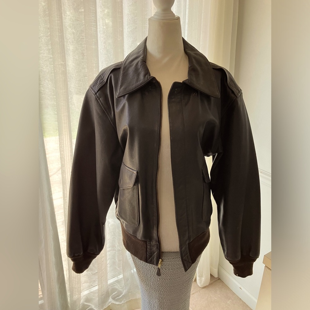 Anjum Brown Leather Bomber Jacket